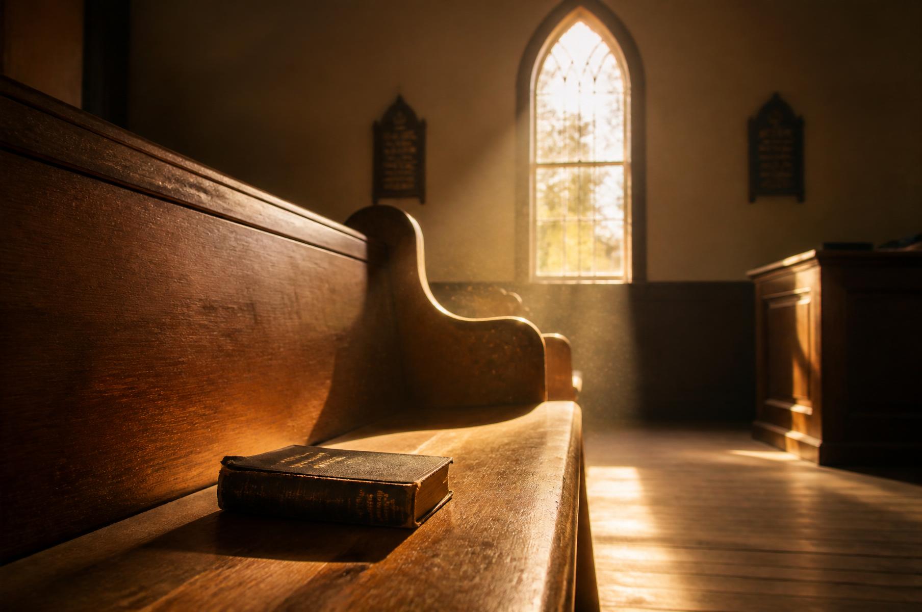 A quiet sunlit chapel interior with warm morning light through arched windows.