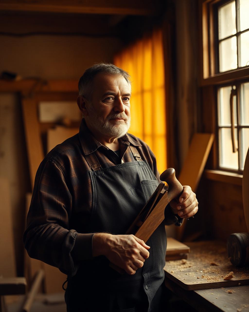 A carpenter pauses at his workbench beside a window of warm afternoon light.