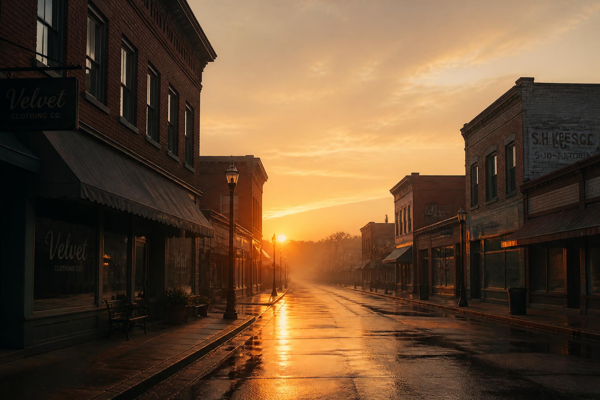 An empty small-town Main Street at dawn, warm sunrise light between brick storefronts.