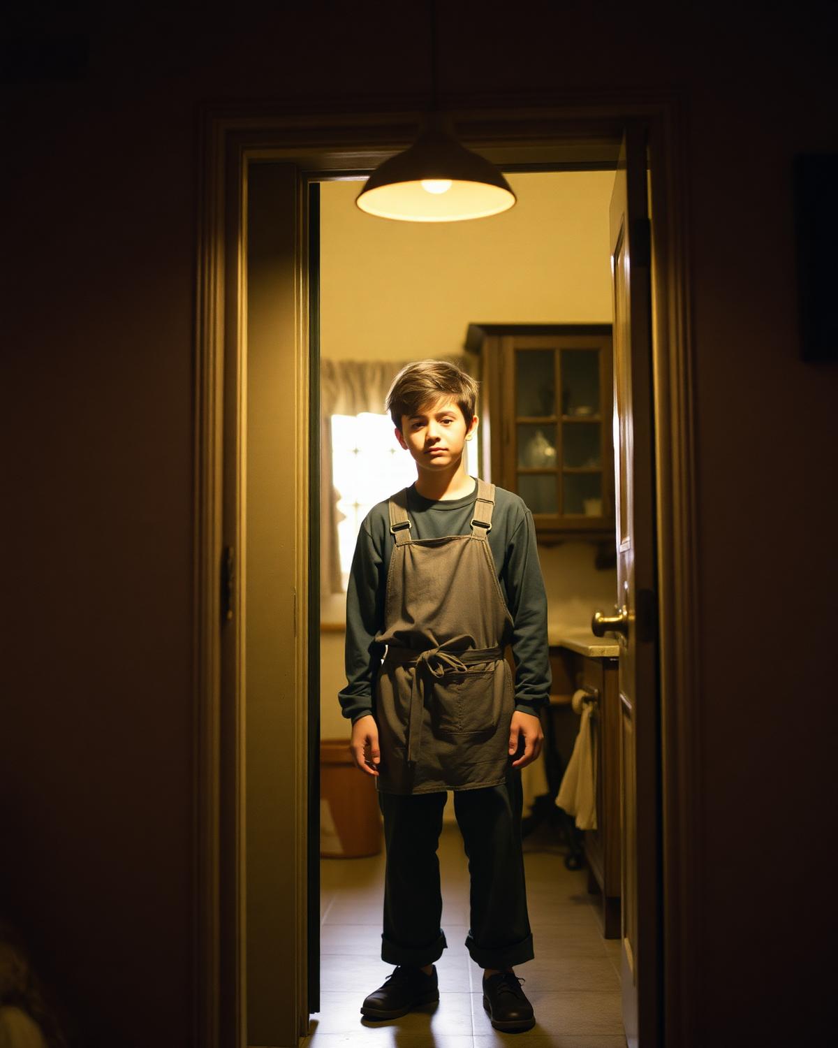 A young apprentice standing quietly in a doorway of warm lamplight.