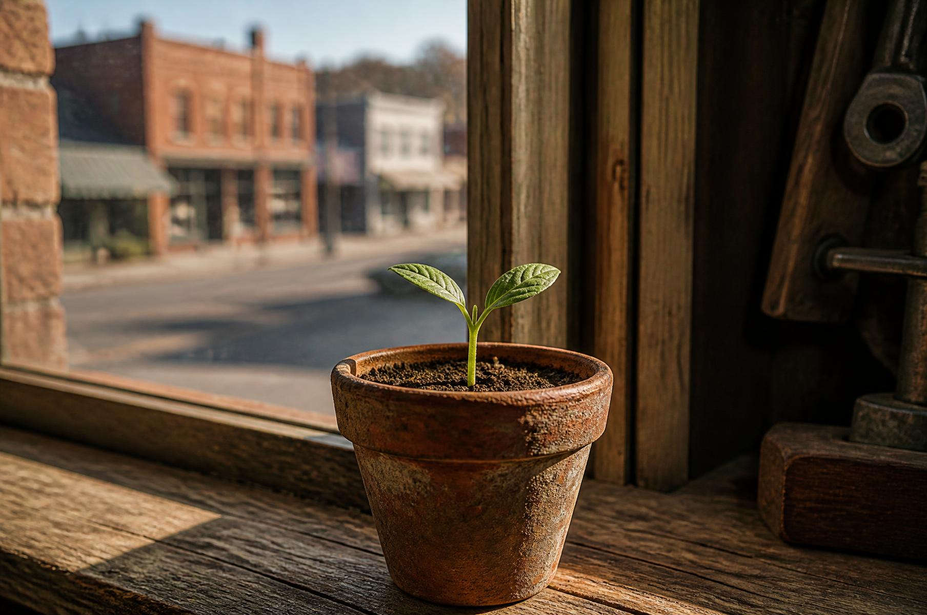A single green mustard sprout in a terracotta pot on a weathered wooden windowsill in morning light.