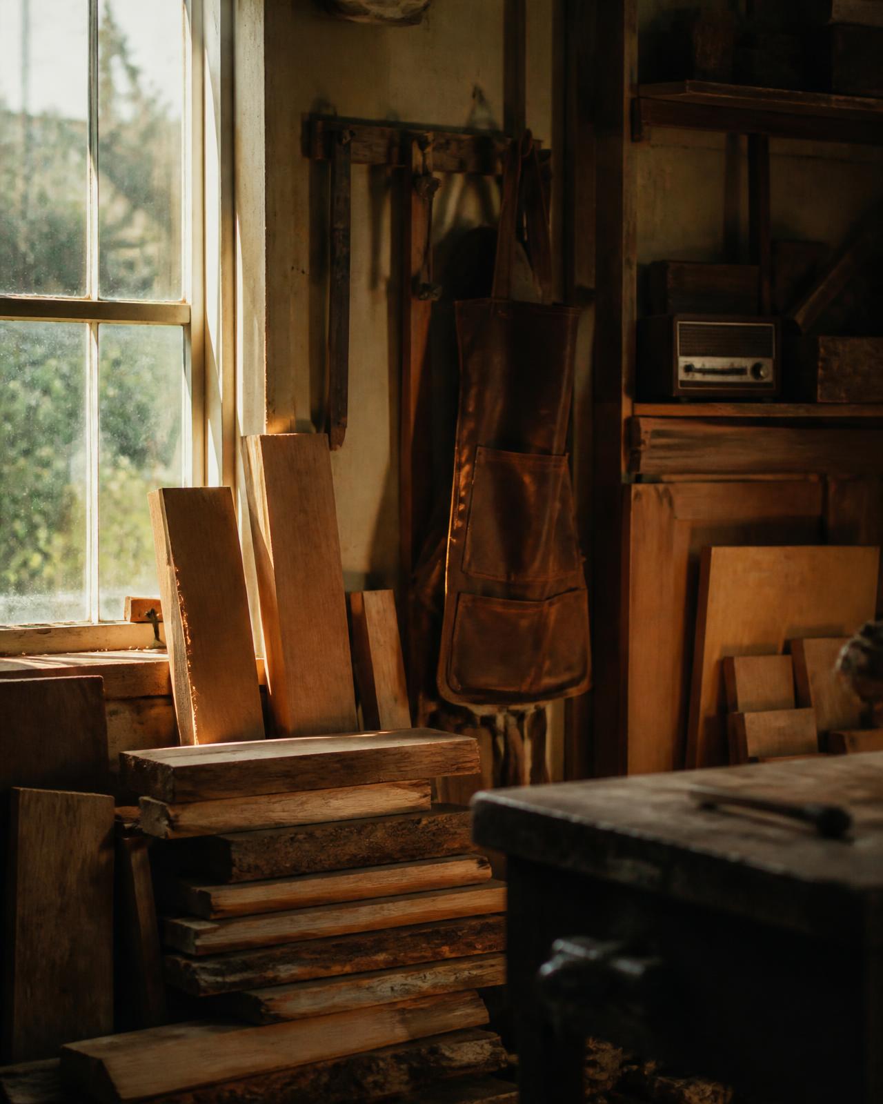 A family-owned workshop in warm afternoon light — stacked lumber, a hanging leather apron, an old radio.