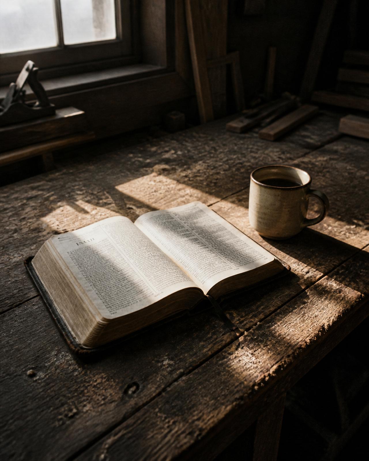 An open Bible and a ceramic mug on a rough wooden workbench, lit by morning window light.