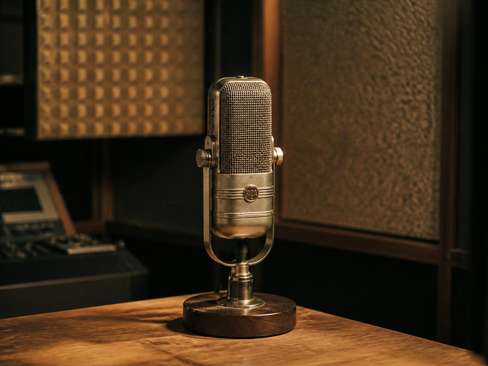 A vintage ribbon microphone under warm tungsten light.