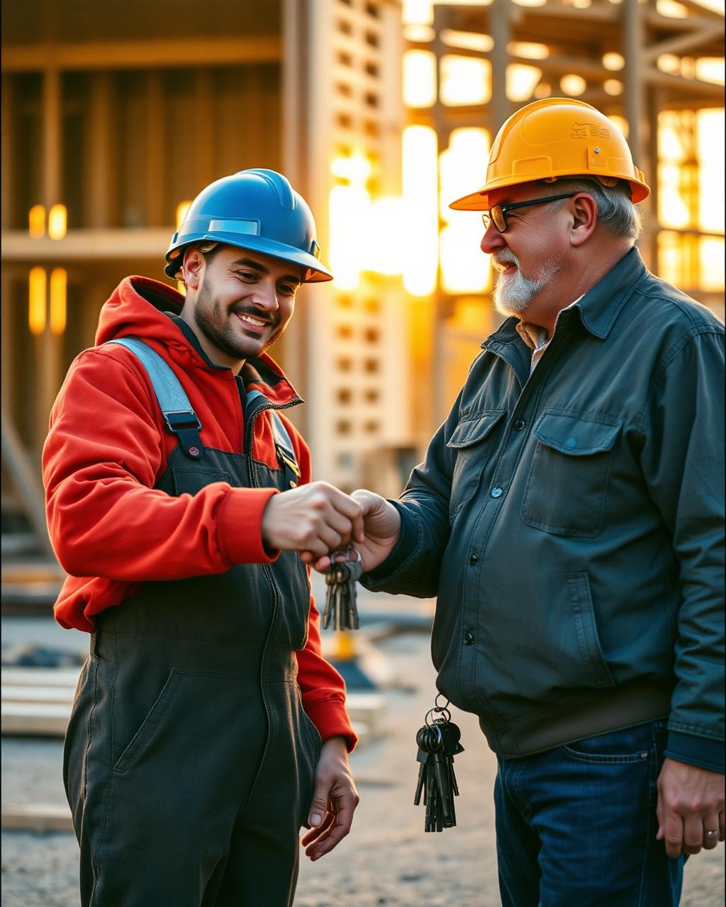 A veteran contractor and a young apprentice on a jobsite at golden hour.
